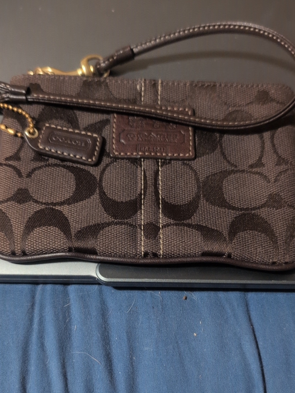 Coach Brown Signature Canvas Wristlet With Tattersall Fabric Interior NWOT